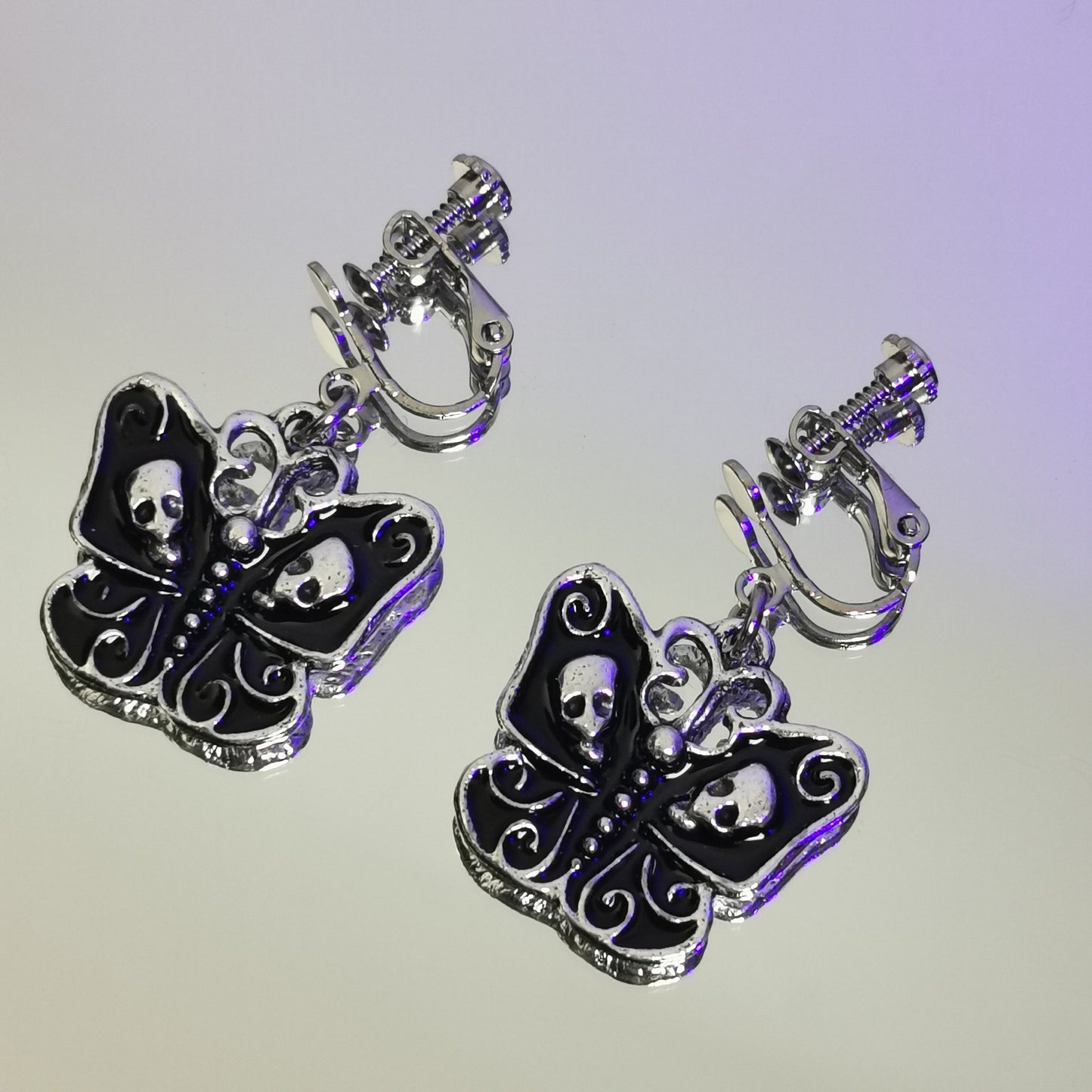Butterfly And Skull Gothic Sier Black Rings