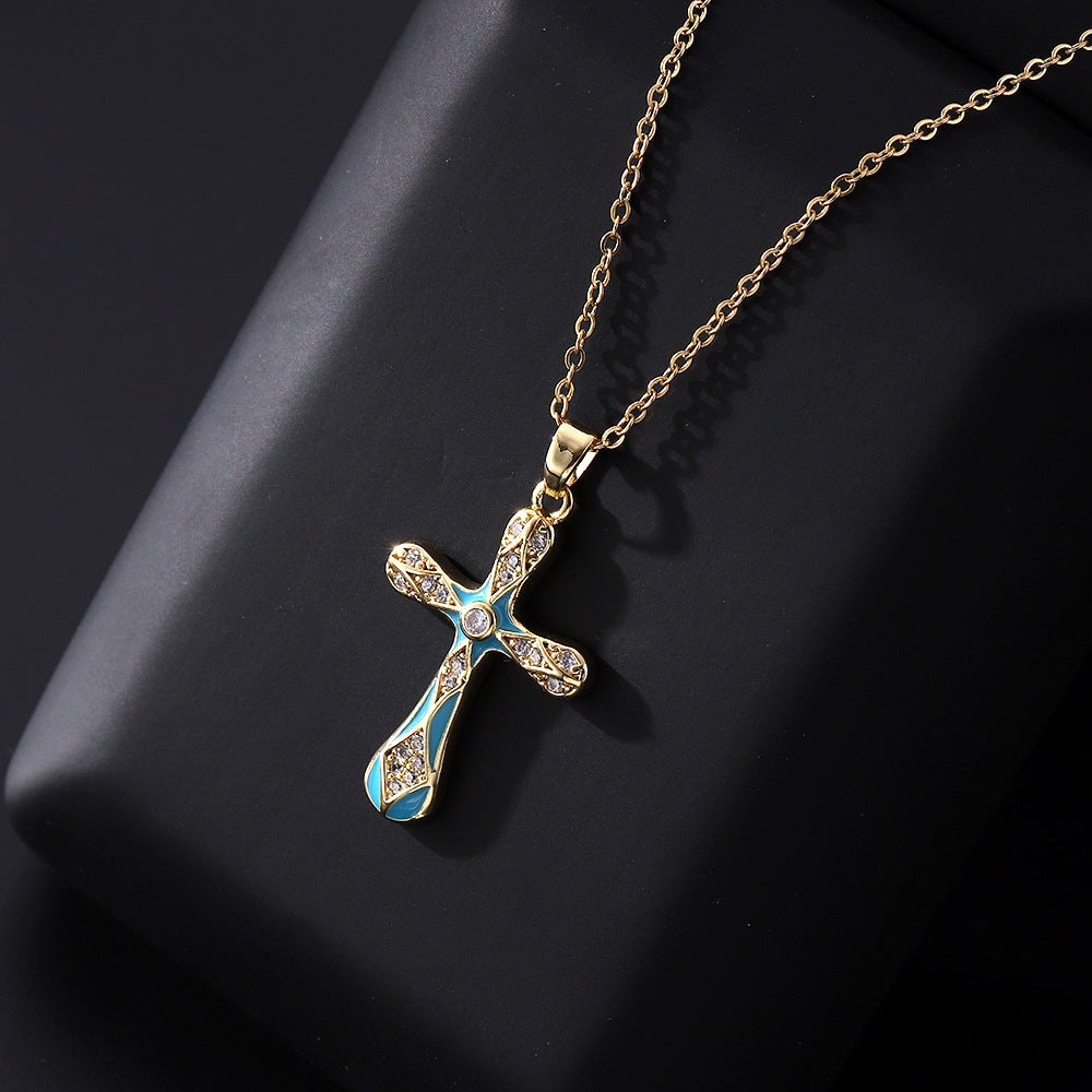 Dripping Zircon Cross Pendant Temperament Wild Micro Inlaid Gold Necklaces