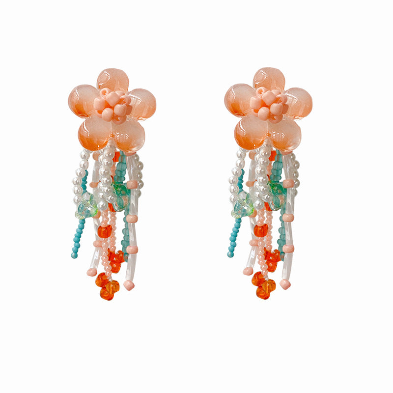 Style Elegant Peach Jade Flower Tassel Artistic Romantic Atmosphere Earrings