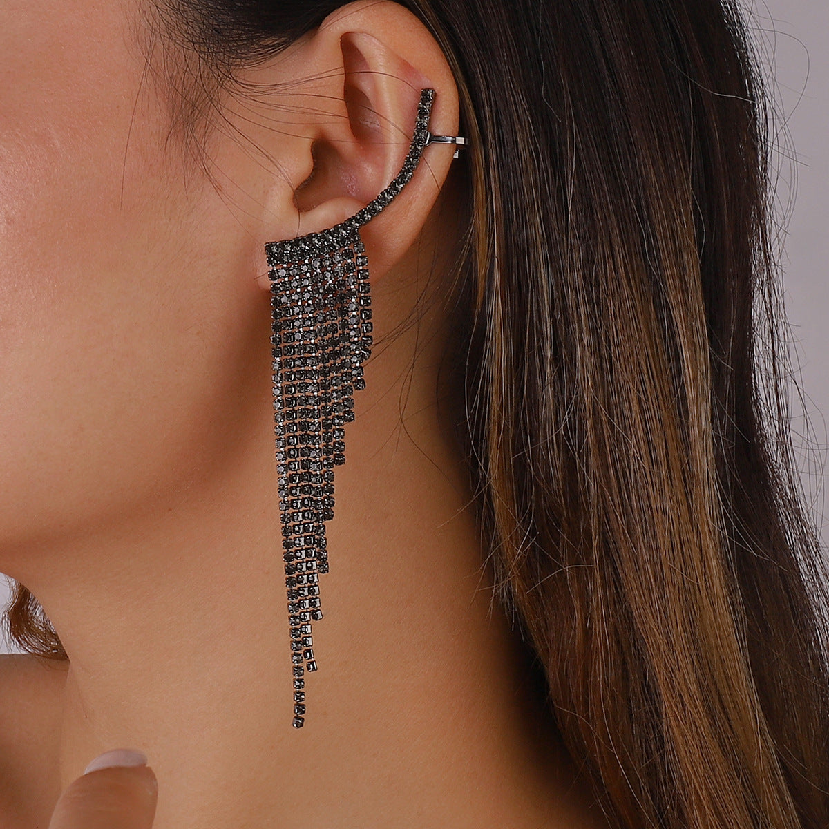 Tassel Rhinestone Auricular Needle Geometric Banquet Earrings