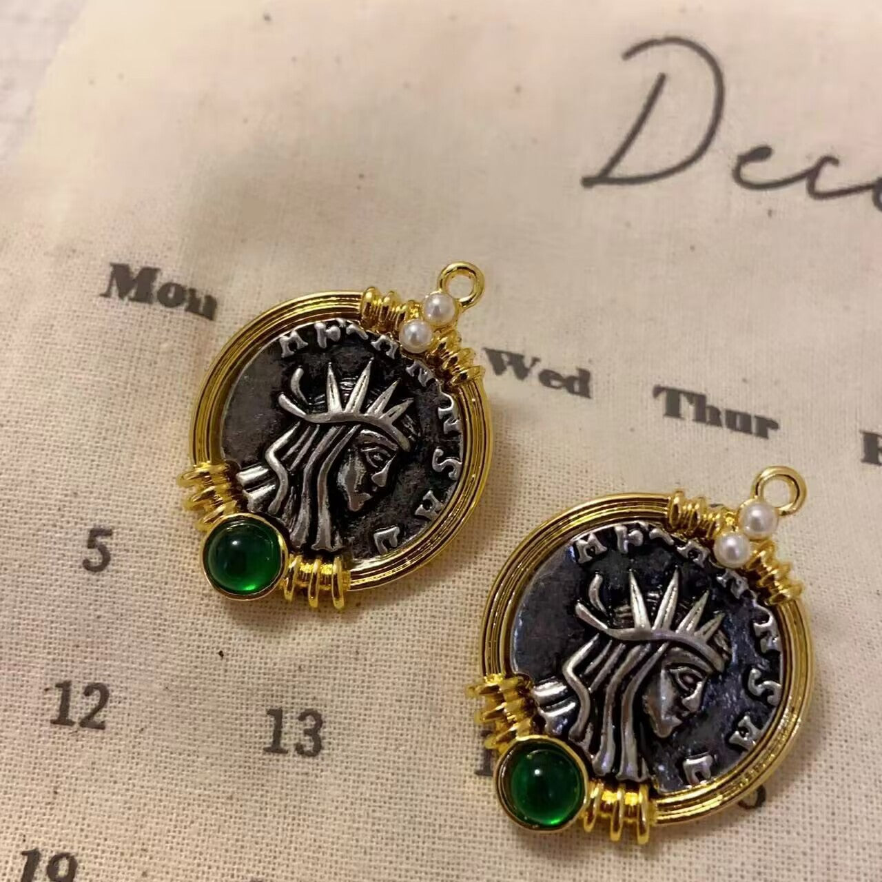 Women's French Retro Antique Coin Series Green Opal Earrings