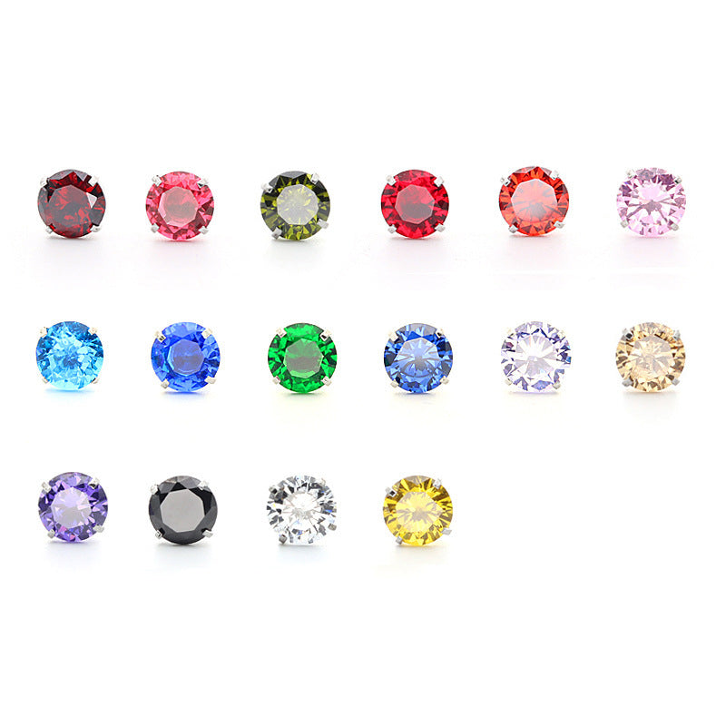 Women's Four Claw Crystal Color Zircon Stainless Round Thin Needle Earrings