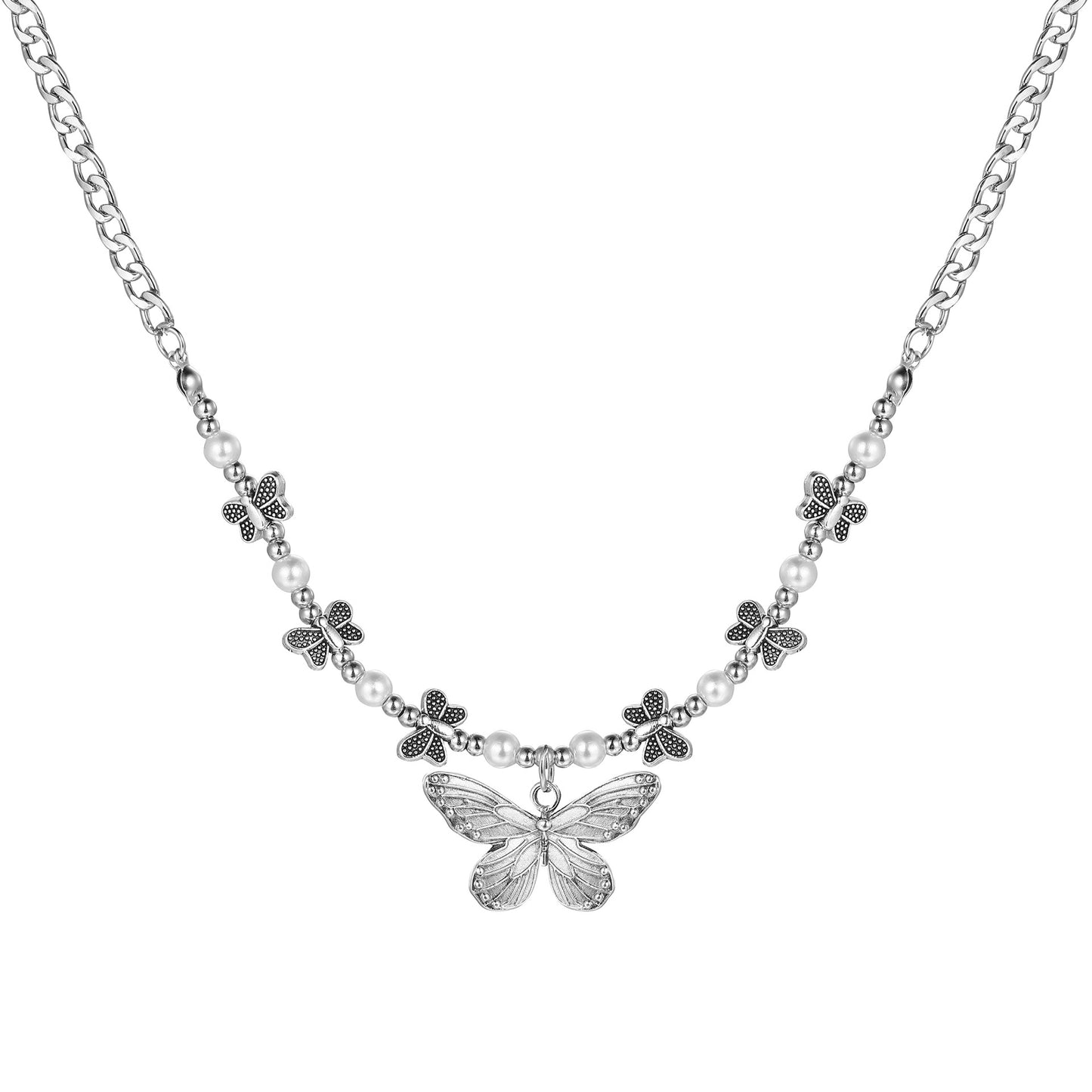 Pearl Creative Retro Butterfly Pendant Female Necklaces