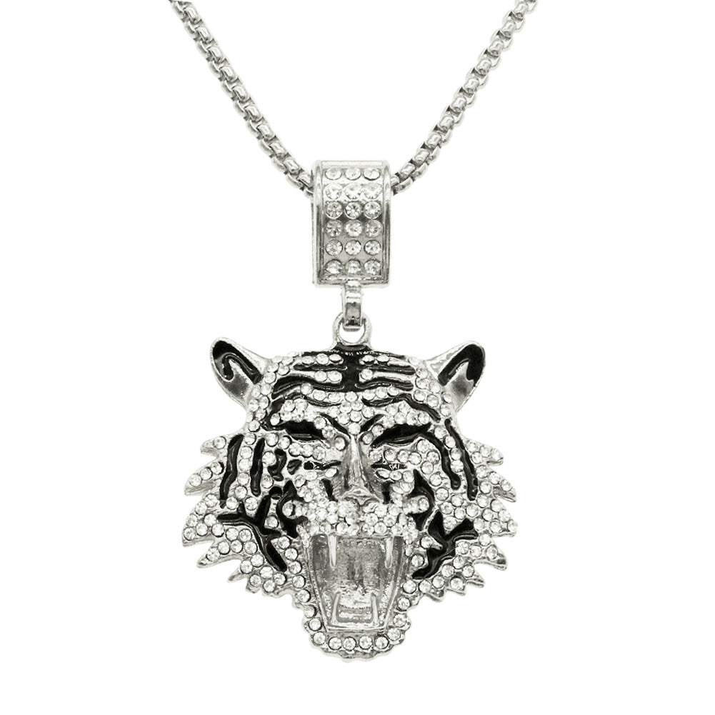 Colliers avec pendentif tête de tigre tridimensionnelle en diamant pour femmes, hommes et diamants