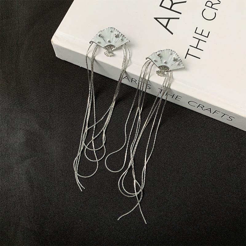 Design Enamel Fan Tassel Chinese Style Earrings