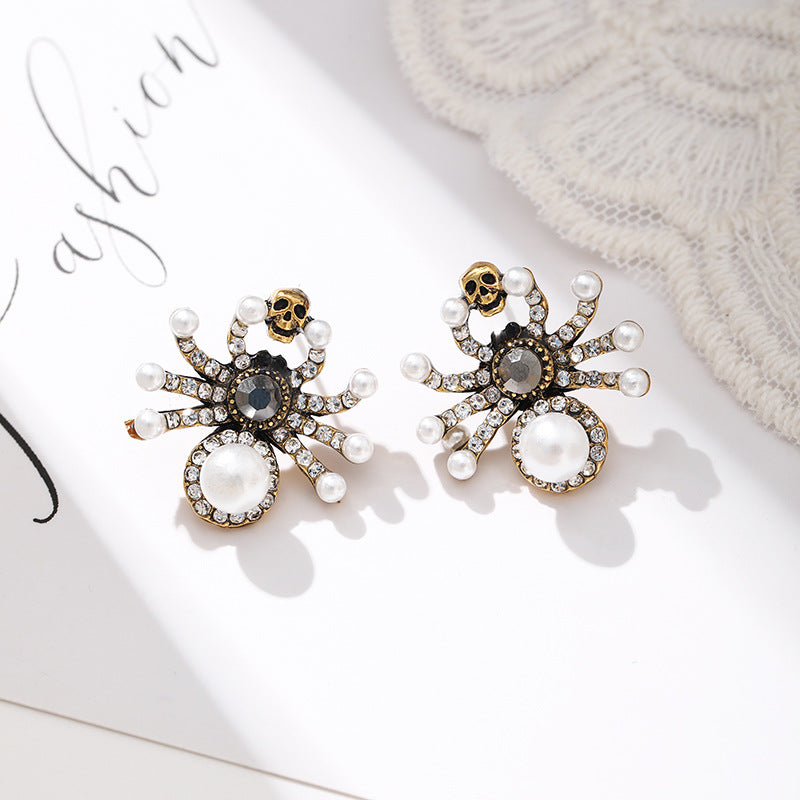 French Style Rhinestone Pearl Skull Spider Rings