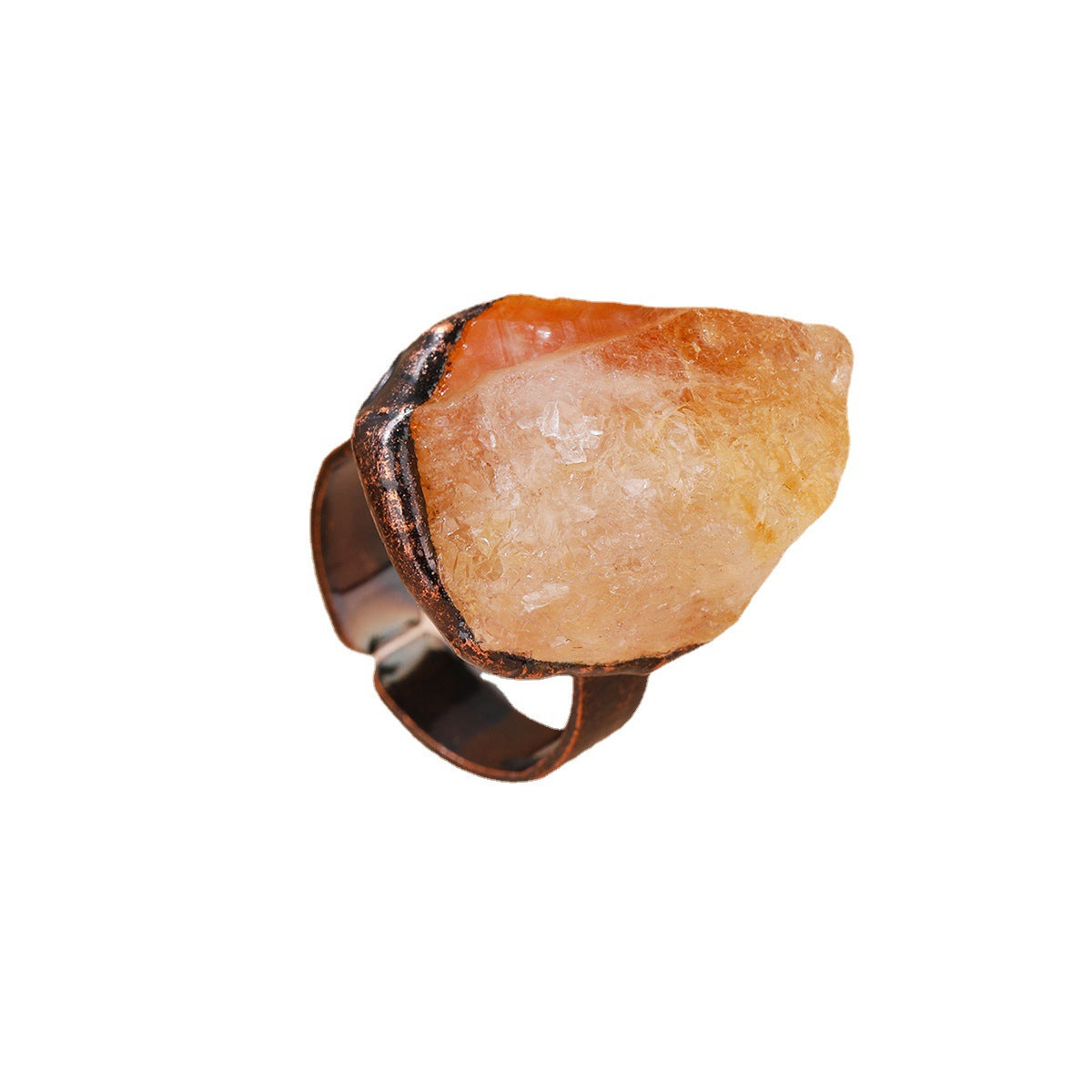 Style Natural Citrine Rough Stone Unshaped Open Bronze Plating Adjustable Ring