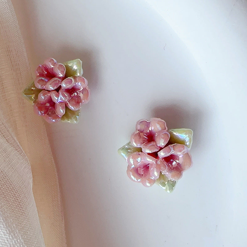 Retro Style Sweet Mori Triangle Ceramic Flower Neighbor Daily Wear Stud Earrings