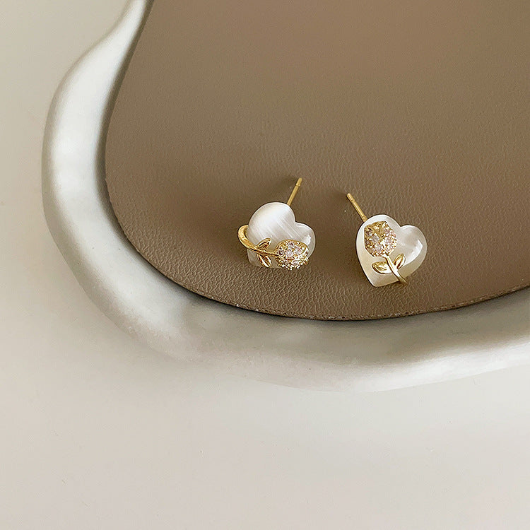 Zircon Flower Opal Love Heart Female Niche Design Simple Earrings