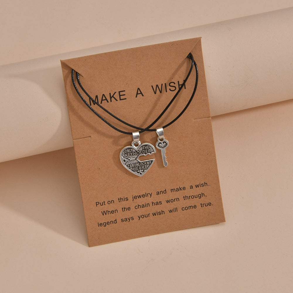 Colliers de couple en corde de cuir avec pendentif clé d'amour personnalisé