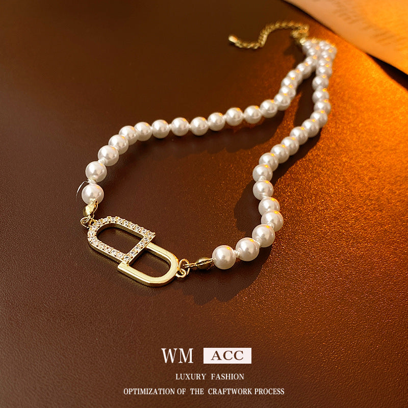 Pearl Gold Plated Zircon Letter Temperament Wild Clavicle Chain Necklaces