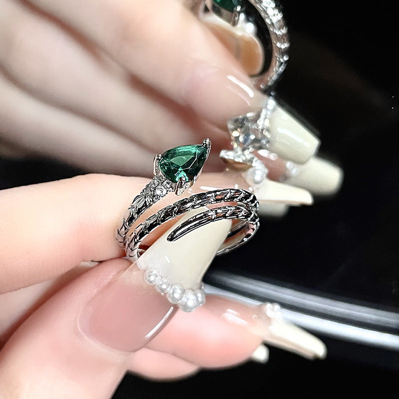 Snake-shaped Open Spirit Snake Green Zircon Design Rings