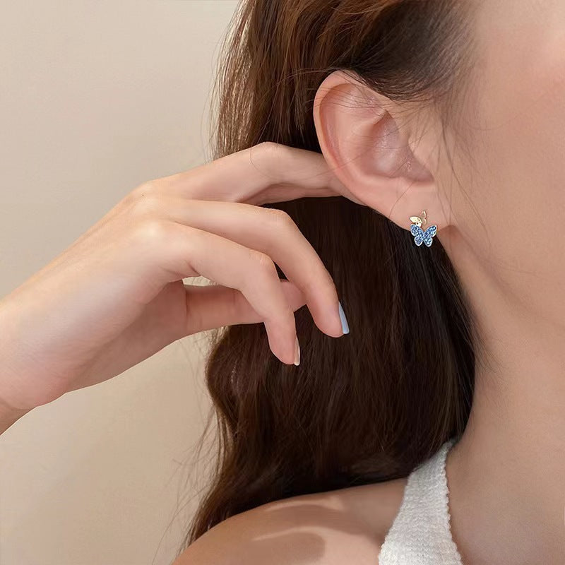 Light Luxury High-grade Blue Butterfly Sier Female Niche Unique Design Stud Earrings