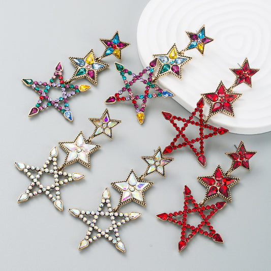 Alloy Color Rhinestone Pentagram Long Trend Earrings