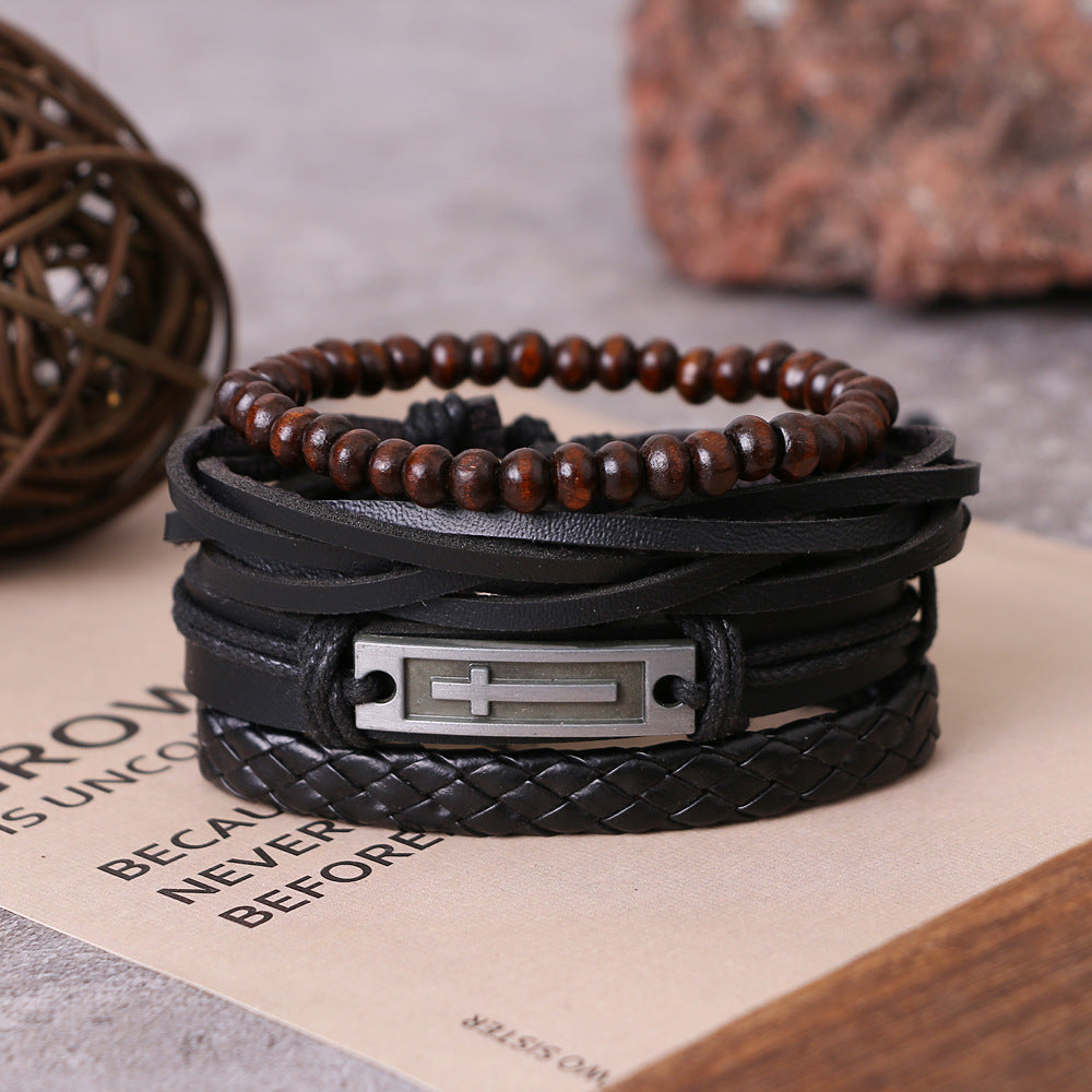 Men's Leather Alloy Cross Hemp Flowers Chain Bracelets