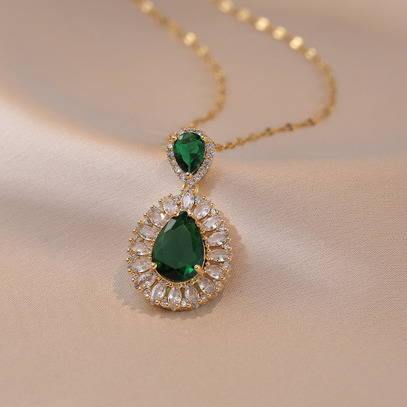 Women's Trendy Design Emerald Water Drop Zircon Necklaces