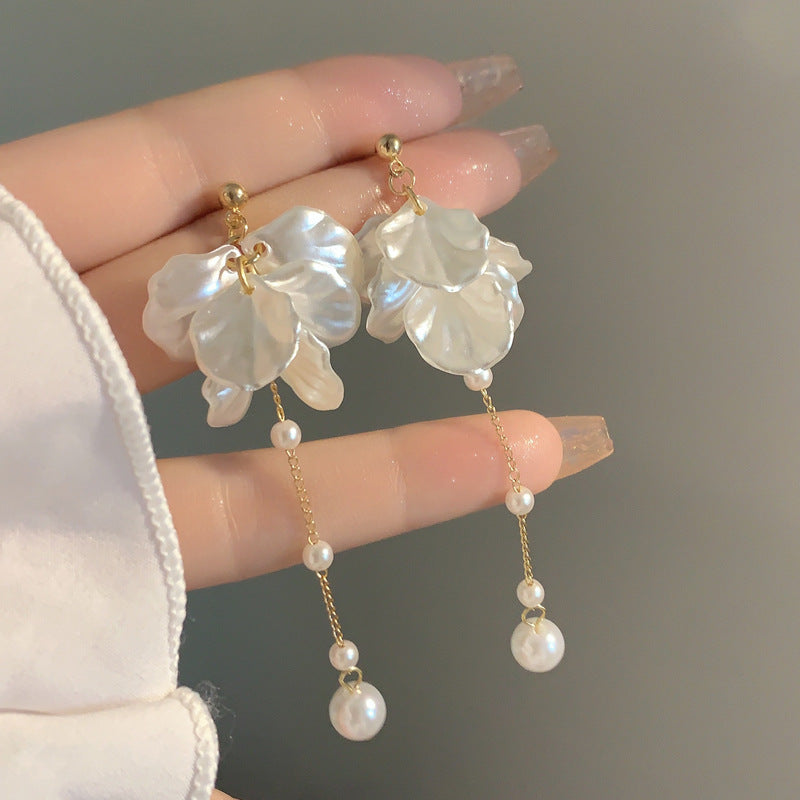 Sier Needle Fairy Petals Pearl Tassel Earrings