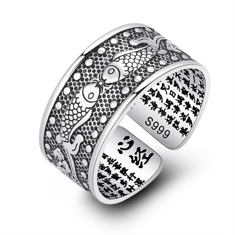 Women's & Men's & Thai Sier Tarnish Lotus Vintage Pisces Domineering Glossy Wide Rings