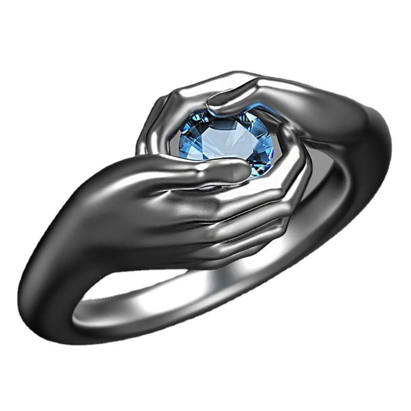 European Fashion Hands Hugging Sapphire Inlaid Ring