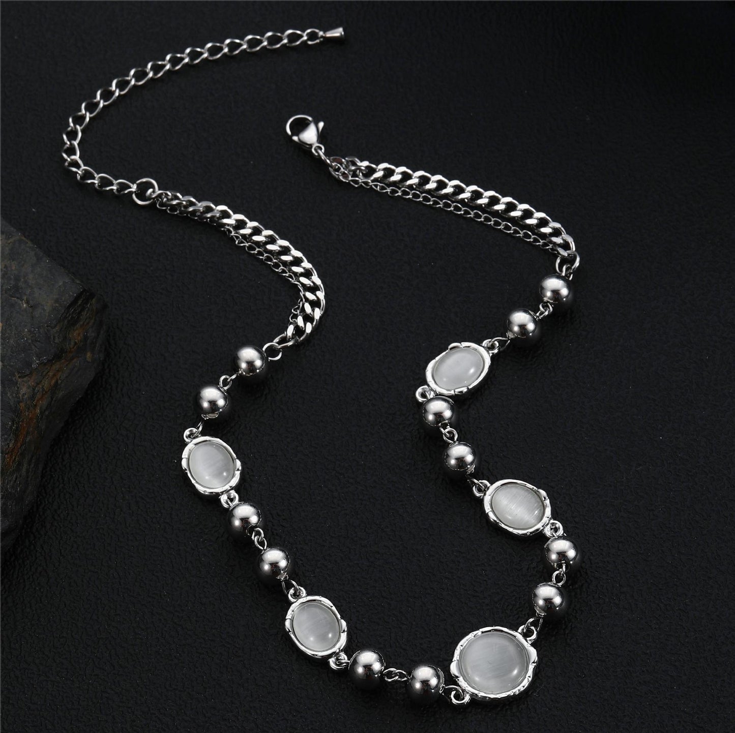 Women's & Men's Temperament Titanium Steel Opal White Moonlight Element Necklaces