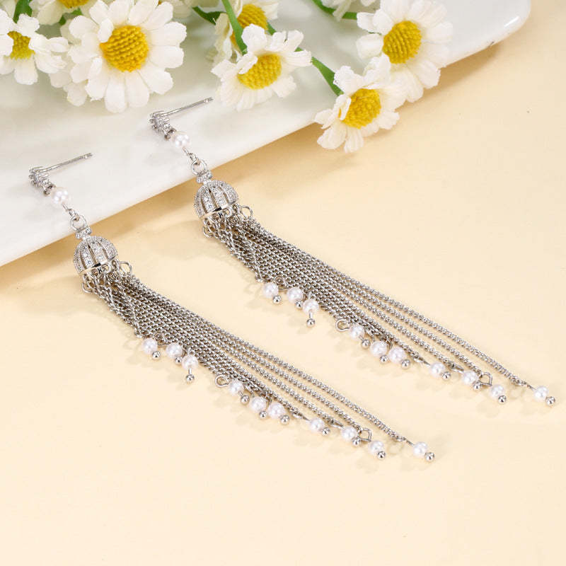 Women's Needle Pearl Crown Design High-grade Long Earrings