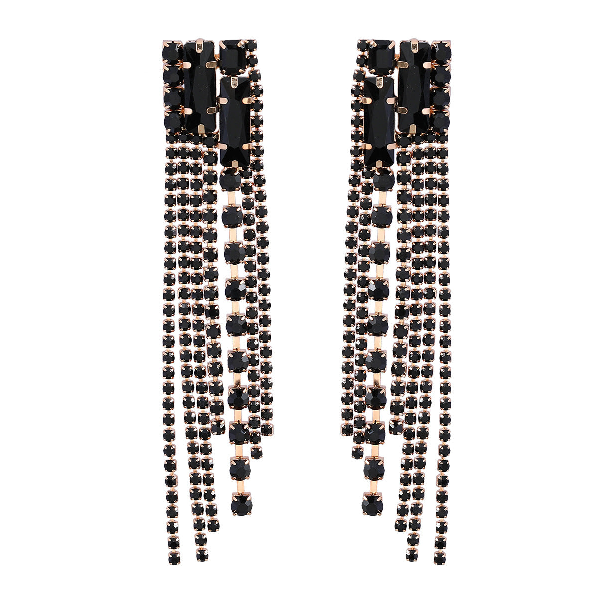 Women's Square Alloy Diamond Rhinestone Long Fringe Earrings