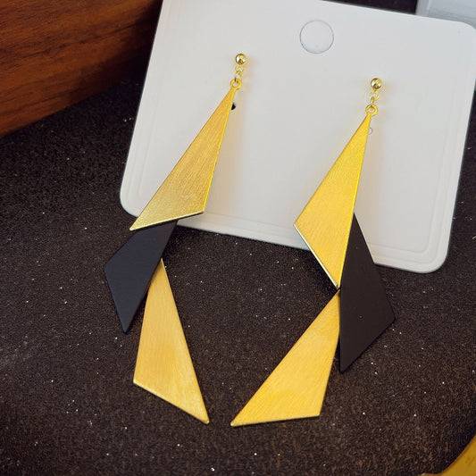 Women's Style Gold Brushed Black Triangle Elegant Earrings