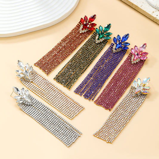 Women's Trendy Colorful Crystals Long Fringe Full Earrings