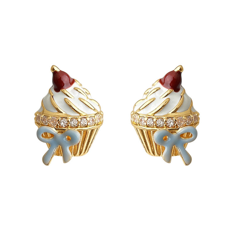 Women's Cream Hand Painting Micro Inlaid Zircon Sier Needle Small Cute Earrings