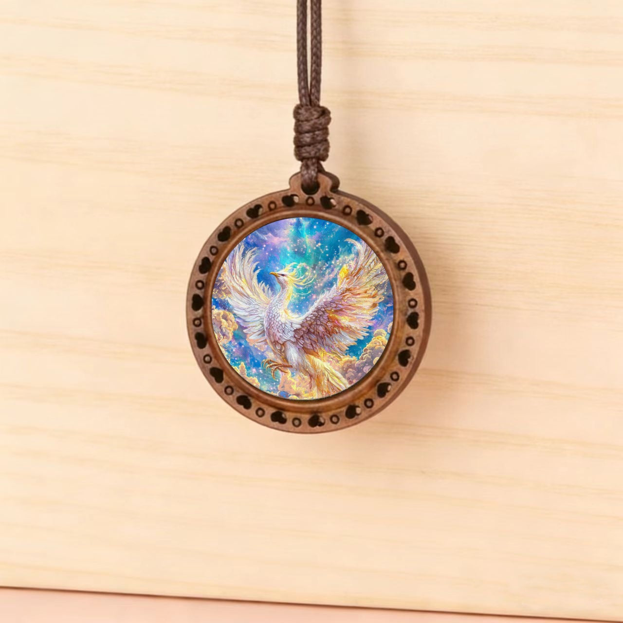 Phoenix Pattern Glass Wooden Unisex Adjustable Necklace