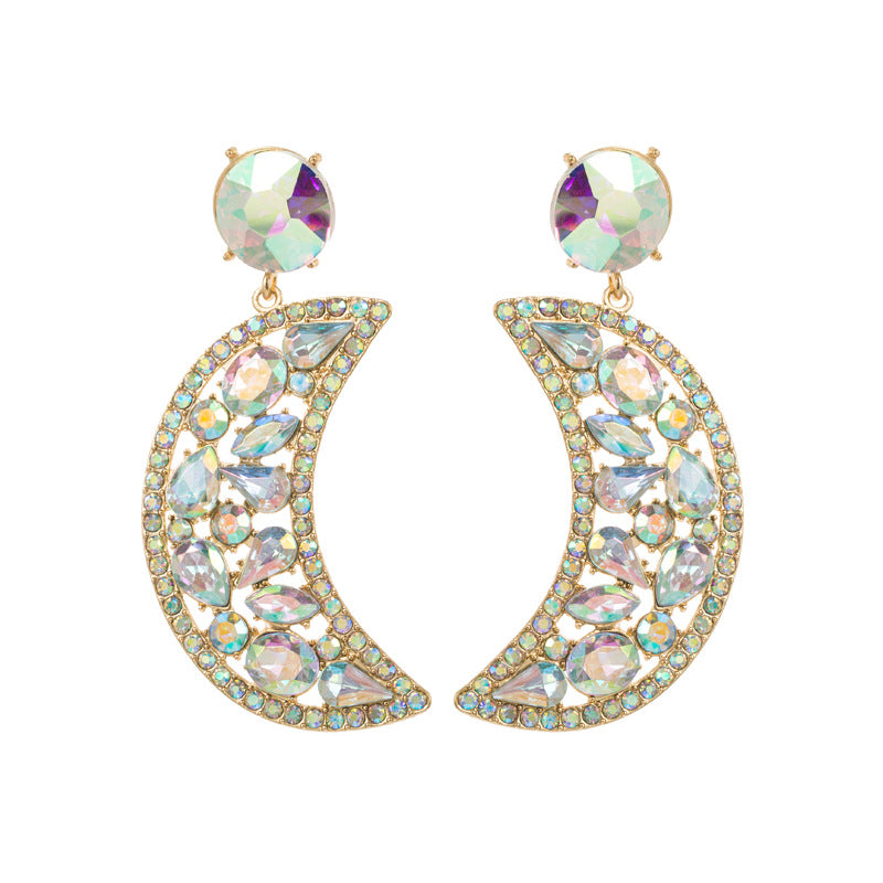 Crescent-shaped Alloy Colorful Crystals Eardrops Moon Earrings