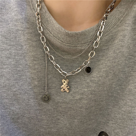 Titanium Steel Female Hip Hop Double Wall Cute Bear Necklaces