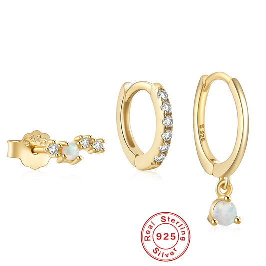 Women's Sterling Sier Diamond Opal Set Elegant Earrings