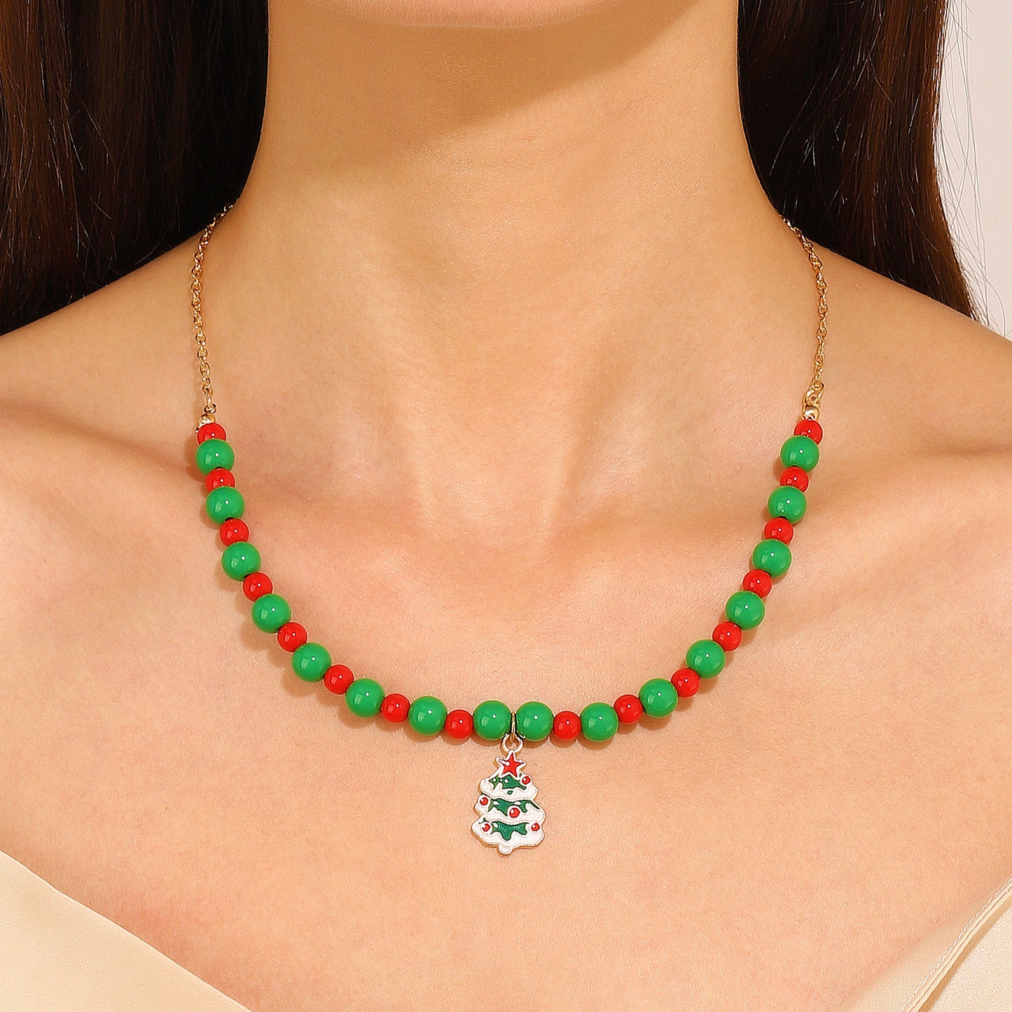Elegant Red Green Bead Bell Tree Necklaces