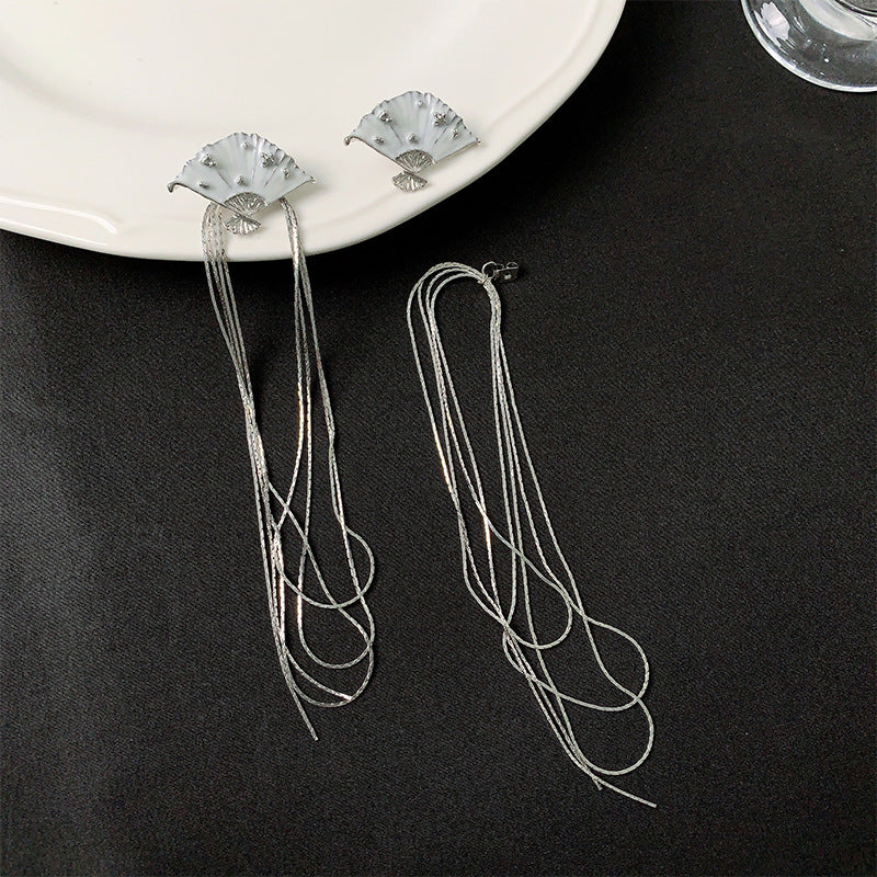Design Enamel Fan Tassel Chinese Style Earrings