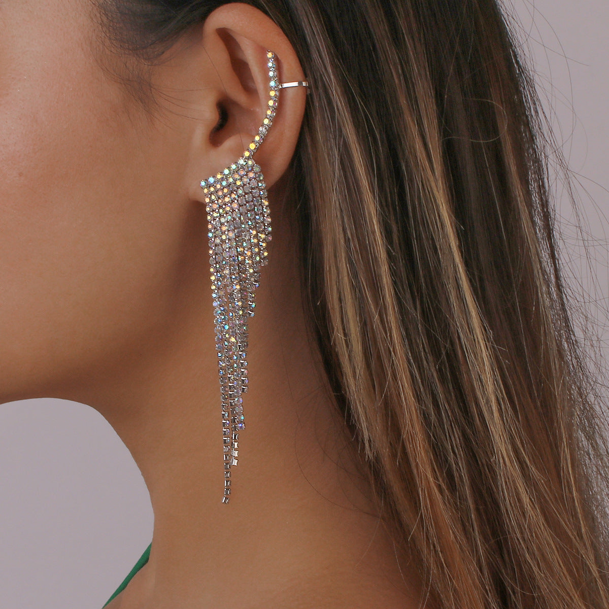 Tassel Rhinestone Auricular Needle Geometric Banquet Earrings