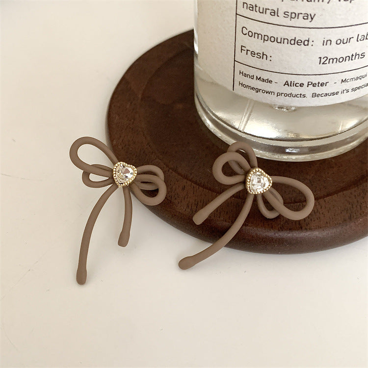 Sense Brown Bow Loving Heart Zircon Earrings