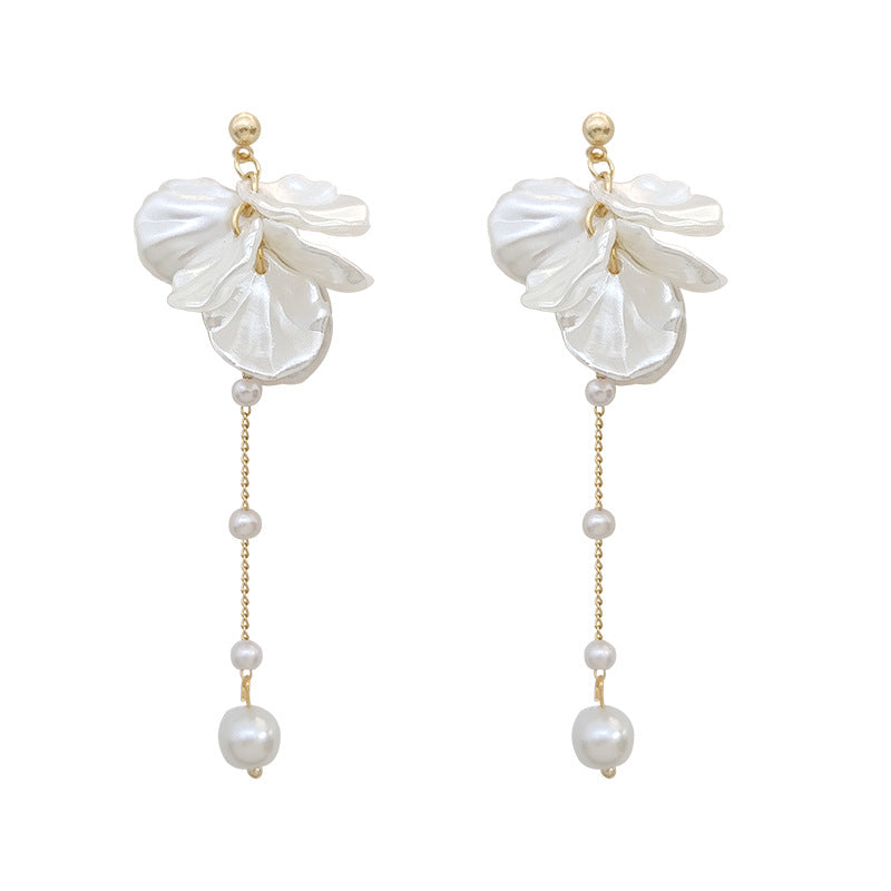 Sier Needle Fairy Petals Pearl Tassel Earrings