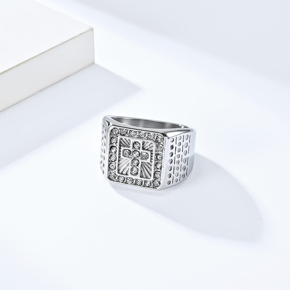 Titanium Steel Gold-plated Cross Full Diamond Rings