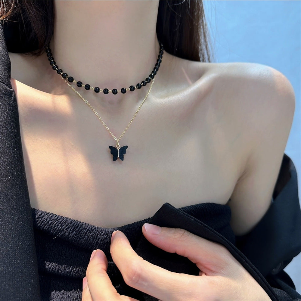 Colliers de papillons en perles noires pour femmes, ornement de Style français
