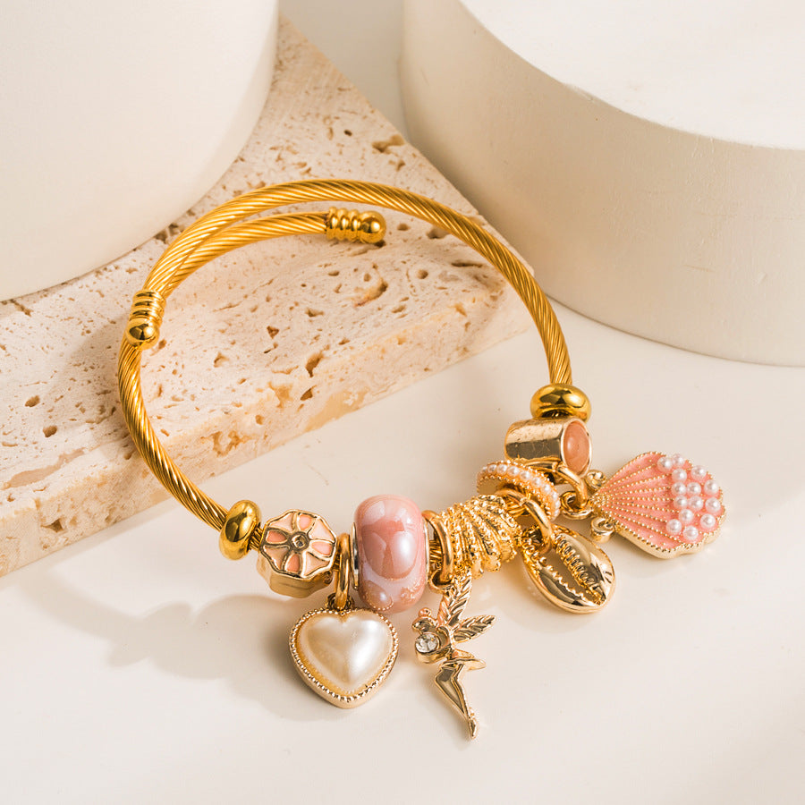 Alloy Gold Adjustable Pearl Shell Bangle Love Stainless Bracelets