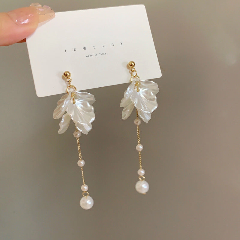 Sier Needle Fairy Petals Pearl Tassel Earrings