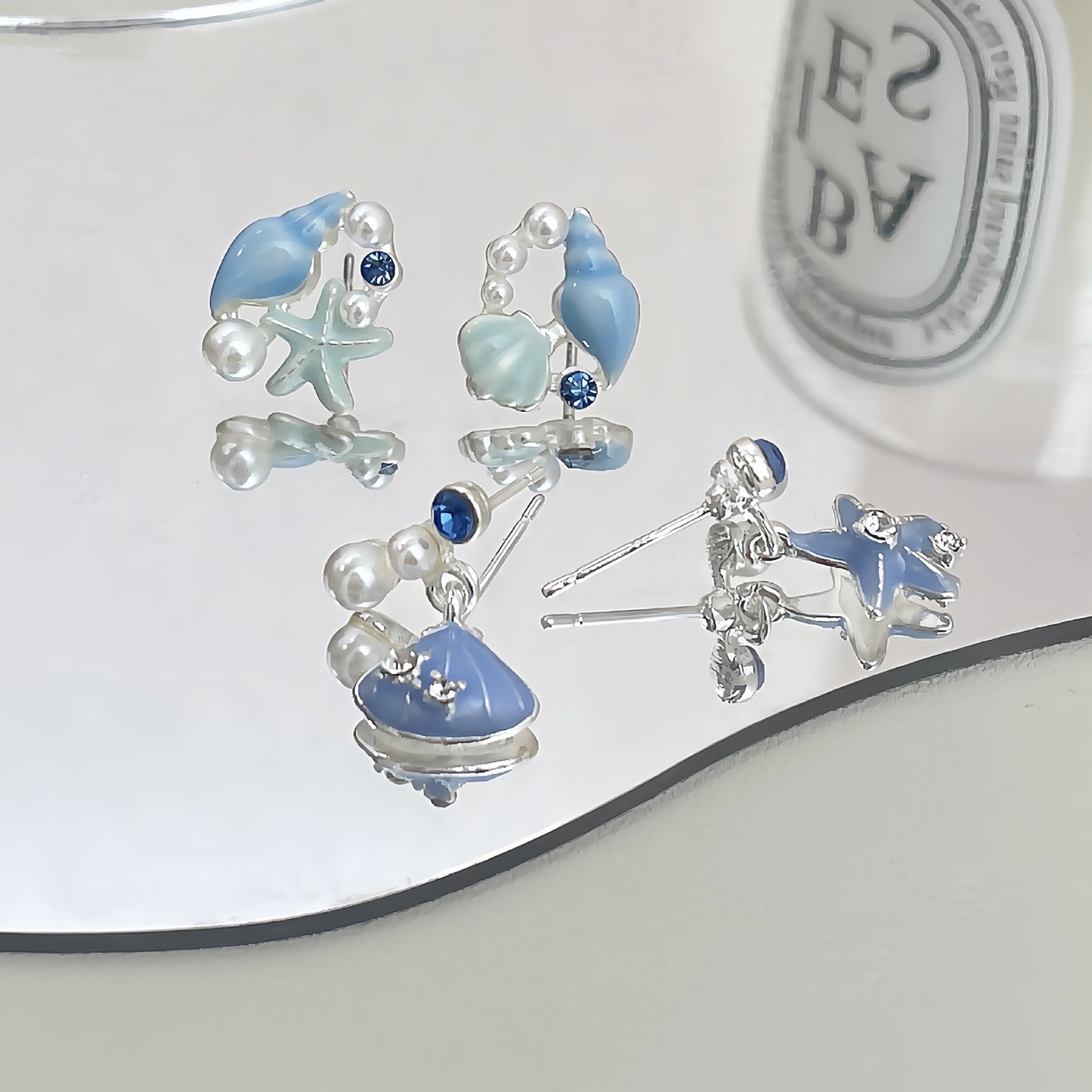 Color Marine Shell Starfish Female Sier Needle Vacation Style Earrings