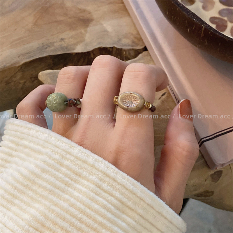 Steinglas Muschelperlen aufgereiht Vintage Ringe
