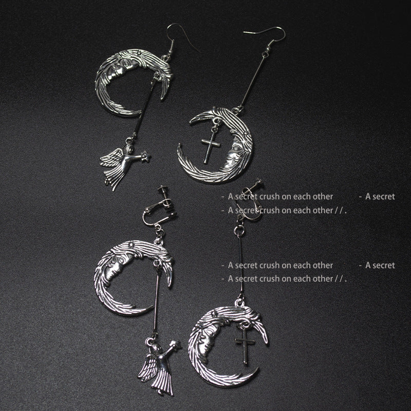 Trendy Retro Moon Cupid Angel Cross Earrings