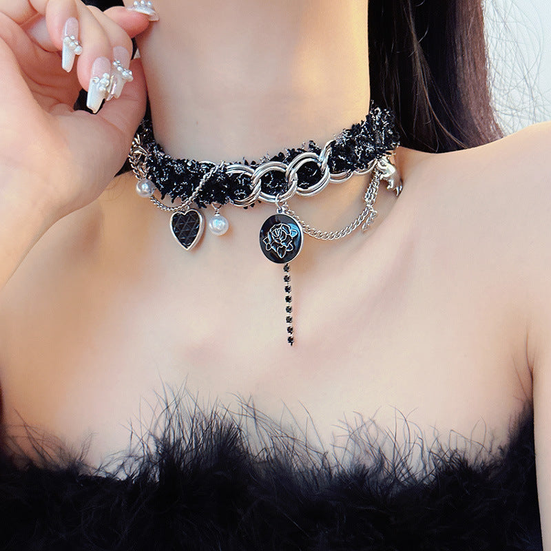 Rose Button Stitching Chain Collar Plush Necklaces