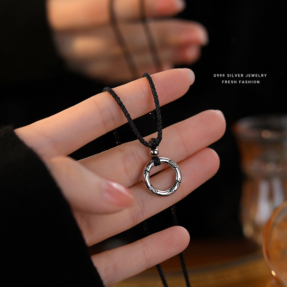 Women's Sier Woven Black Rope Ping An Necklaces