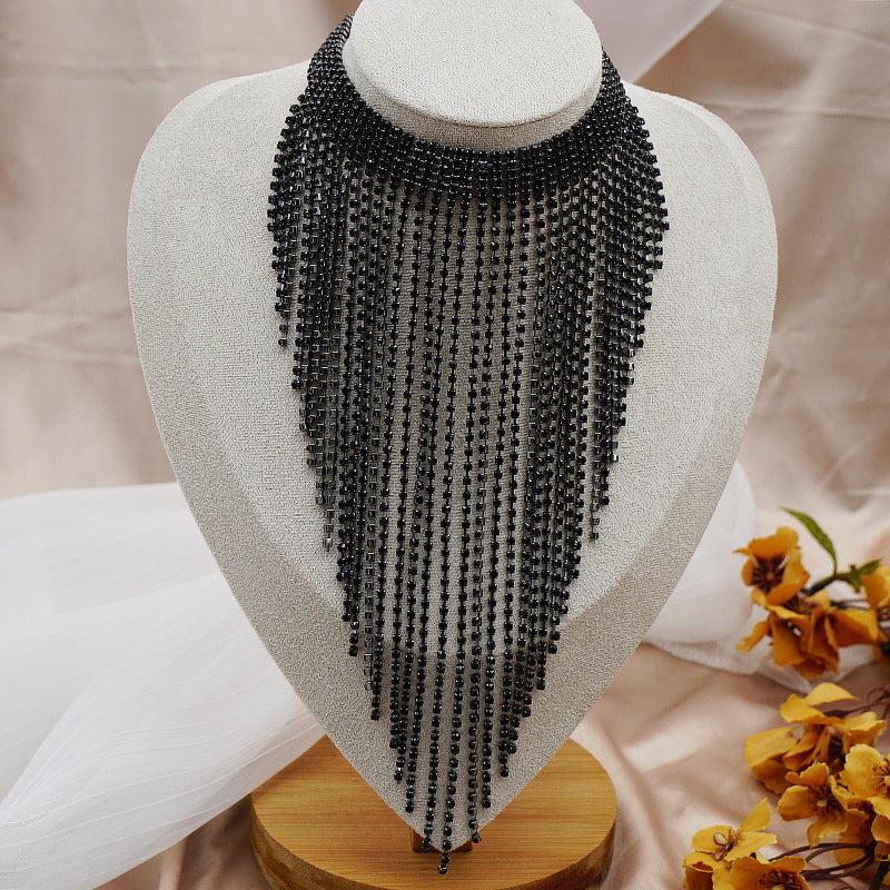 Women's Black Full Diamond Bundles Long Fringe Necklaces