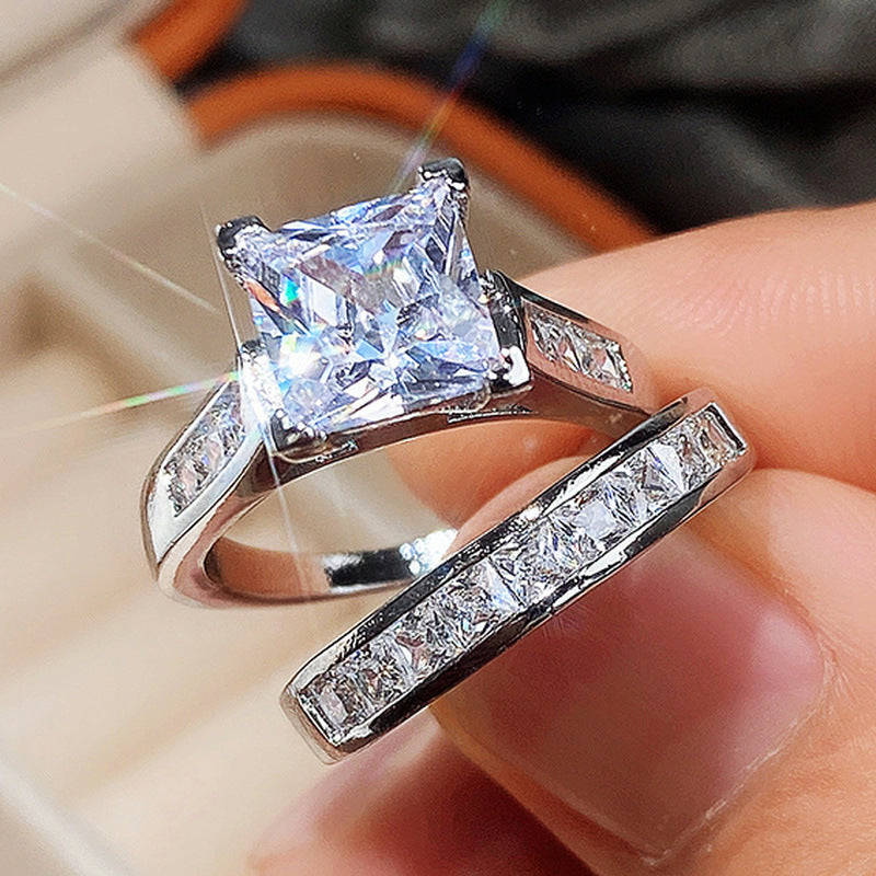 Women's Shi Square Diamond Zircon Couple Set Rings