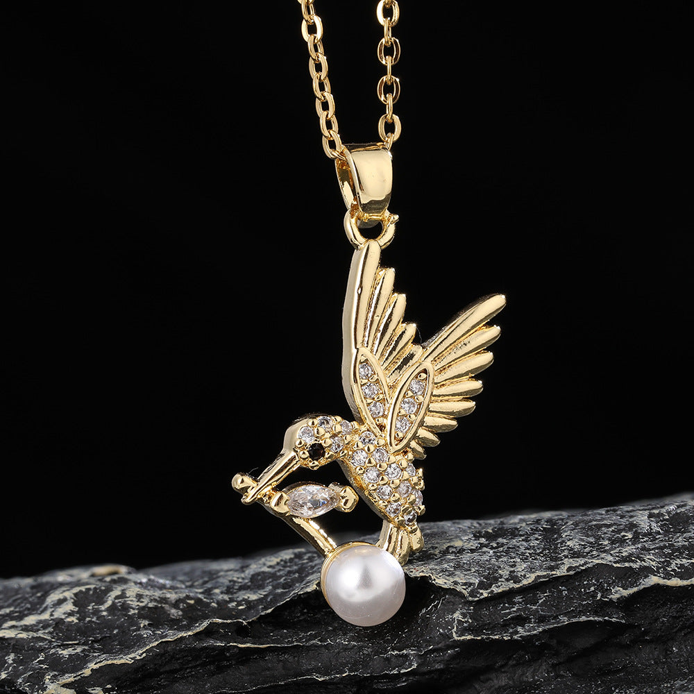 Pearl Hummingbird Pendant Female Flying Bird Titanium Necklaces